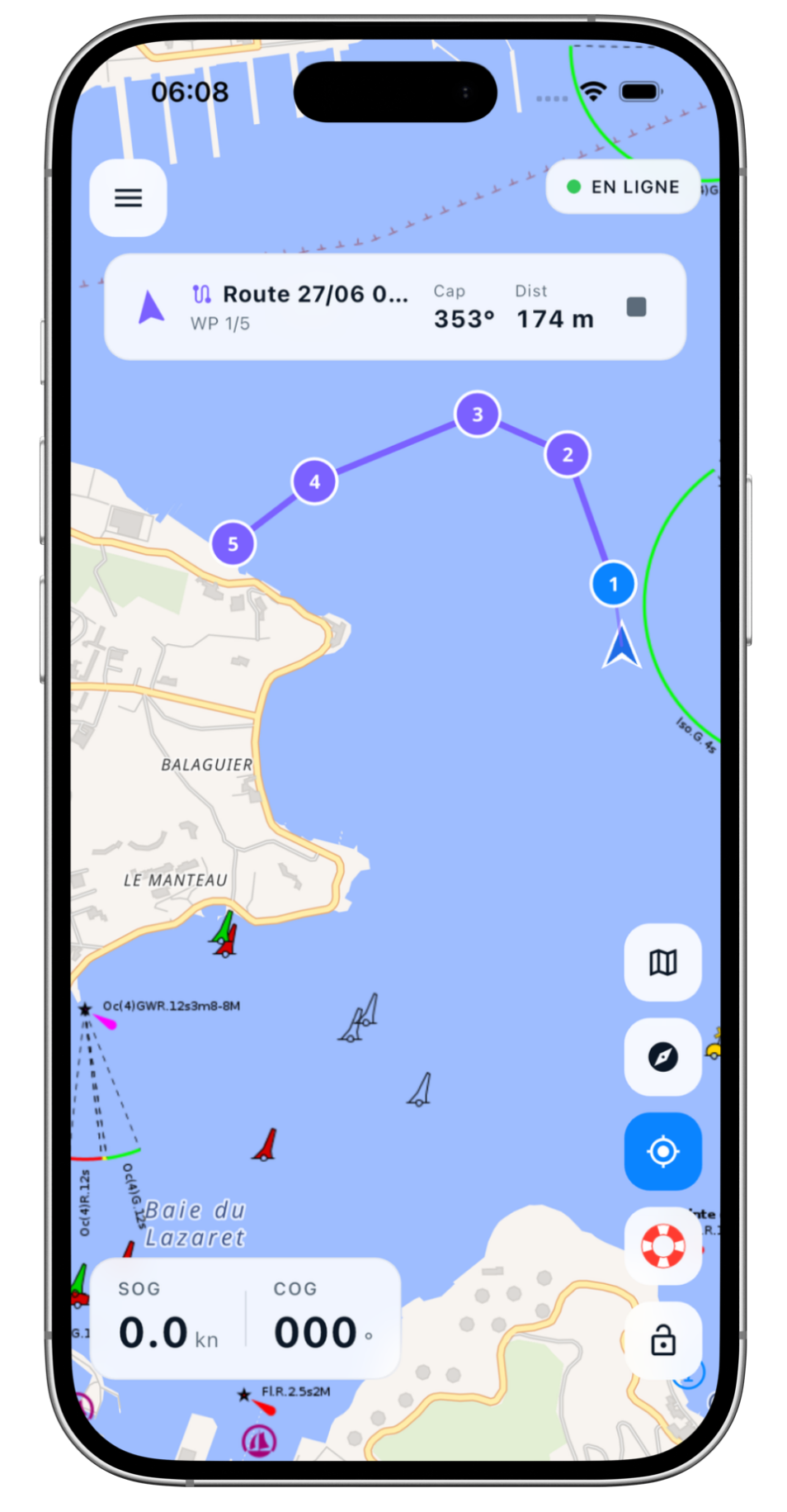 NavLite coastal navigation app mockup